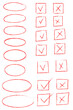 © Monika Jurczyk - Hand-drawn red circles and checklist icons PNG. Sketch-style ovals, checkmark boxes, cross boxes. Perfect for planners, to-do lists, bullet journaling, digital notebooks, presentations, designs.