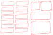 © Monika Jurczyk - Hand-drawn red rectangular frames and borders with rough sketch texture. Collection of horizontal and vertical empty text boxes with grunge crayon style outlines for banners, labels, design elements