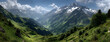 © john - Panorama sur les montagnes vertes et enneigées des Alpes