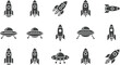 © Bappi Creatives - Set of rockets and UFO icons in modern silhouette style, featuring space exploration symbols, spacecraft designs, alien saucers and futuristic flight elements