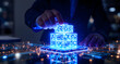 © emwe studio - Human hand stacking glowing digital cubes on circuit board, symbolizing data architecture, artificial intelligence, and future innovation