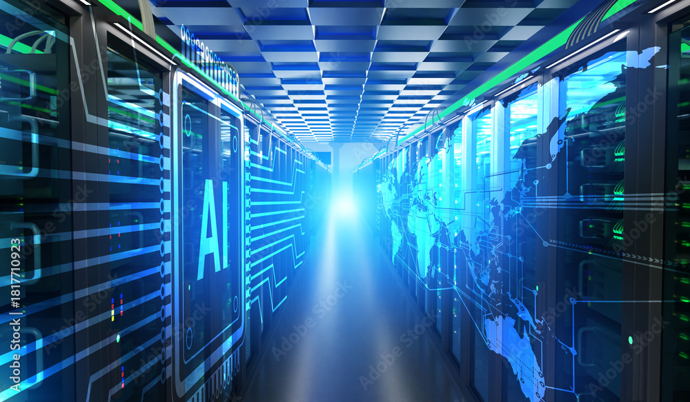 Data center infrastructure powers AI computing, with illuminated server ...