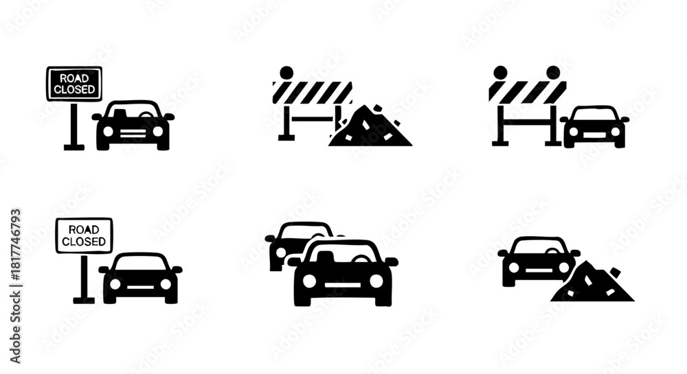 Car Rear Closure Icon Vetor Six black icons depicting road closure and traffic situations ...