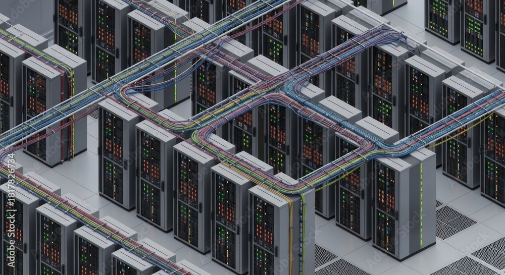 Isometric view of a large server room depicting data centers and cable ...