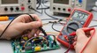 © Malik - A person's hands testing an electronic circuit board with a red digital multimeter.
