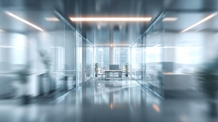  A futuristic office background with soft blur, high-key lighting, glass partitions, and minimalist decor, perfect for a tech website. High quality