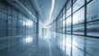 © hao - Serene blue toned hallway in modern office building with large glass windows creating soft, diffused light. High quality