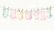 © Sinechana - 31.Hand-painted watercolor of a simple clothesline with baby garments in soft pastel shades of cream, pink, and mint green, swaying gently against a plain white background.