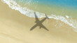 © Photo Sesaon - Aerial view of shadow passenger plane silhouette and sandy beach blue sea with waves at sea beach summer vacation sea travel concept