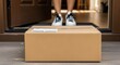 © Tatiana - Person picking up a delivered parcel at the front door. E-commerce retail packaging with male or female feet in background. Contactless delivery concept.