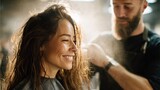 Female stylist smiling as male hairdresser styles hair in salon