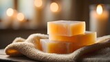 A stack of four handmade soaps with a soft, warm glow, placed on a towel, with candles in the background