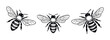 © Maestro - Collection of black and white hand drawn bees flying with striped bodies and transparent wings, ideal for natural product branding, environmental awareness campaigns, and educational