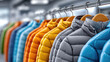 © syhin_stas - shelves with large selection of modern down jackets in sports store, retail shopping interior, winter outerwear display, active lifestyle and outdoor fashion concept
