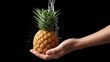 © Preecha - Hand squeezing a ripe pineapple, captured in close-up with dramatic rim lighting, juice splash mid-air, water droplets on fingers, against deep black background, styled as commercial food photo, high