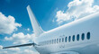 © ipolstock - Close-up View of a Commercial Jet Airplane Fuselage and Tail Fin against a Bright Blue Sky with White Clouds, Symbolizing Global Travel and Aviation