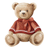 Watercolor Christmas Teddy Bear in Cozy Sweater with Festive Bow Illustration