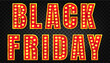 © Mariia - Black friday with neon bulb light for circus, casino or theater marquee showtime. Retro 3d red gold typography in vintage style for vegas broadway or carnival sale. Cinema movie letters vector design