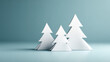 © Sergei - Minimalist 3D Christmas trees, white, representing a modern holiday scene against a blue background with copy space