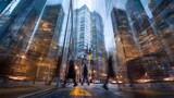 Dynamic motion blur of people walking in a modern city with reflections of skyscrapers.
