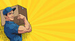 © дима селиванов - A handsome young guy, a loader, a delivery man in pop art style with a box. Pop art in comic style.