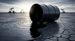 © dubogray1985 - A dramatic scene of a massive oil barrel lying on its side in a barren, cracked landscape
