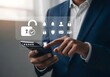 © lisha - A person in a suit using a smartphone with a security interface overlay for authentication process