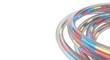 © Elenba - Technology connection shown through fiber optic cables spiraling against white backdrop. Connection represents fast data transmission, providing high speed connectivity.