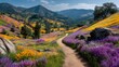 © horizon - Sun-drenched rolling hillside covered in colorful wildflowers like purple lupine and golden poppies. A narrow dirt path winds through the fields.