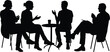 © AroshiCraft - Group discussion silhouettes, four people seated around table, business meeting or teamwork concept, abstract shadow figures, communication design illustration