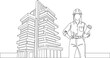 © Bappi - Continuous one-line art vector of a female engineer or architect with blueprints, standing confidently in front of a modern skyscraper, symbolizing construction and leadership