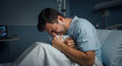 © Rommy - Man weeps clutching pillow in hospital bed, enduring pain and loneliness, portraying vulnerability, grief, and challenges of illness in healthcare settings