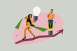 © deagreez - Exclusive artwork collage of happy businessman businesswoman stand arrow light bulb idea developing blackout progress goal