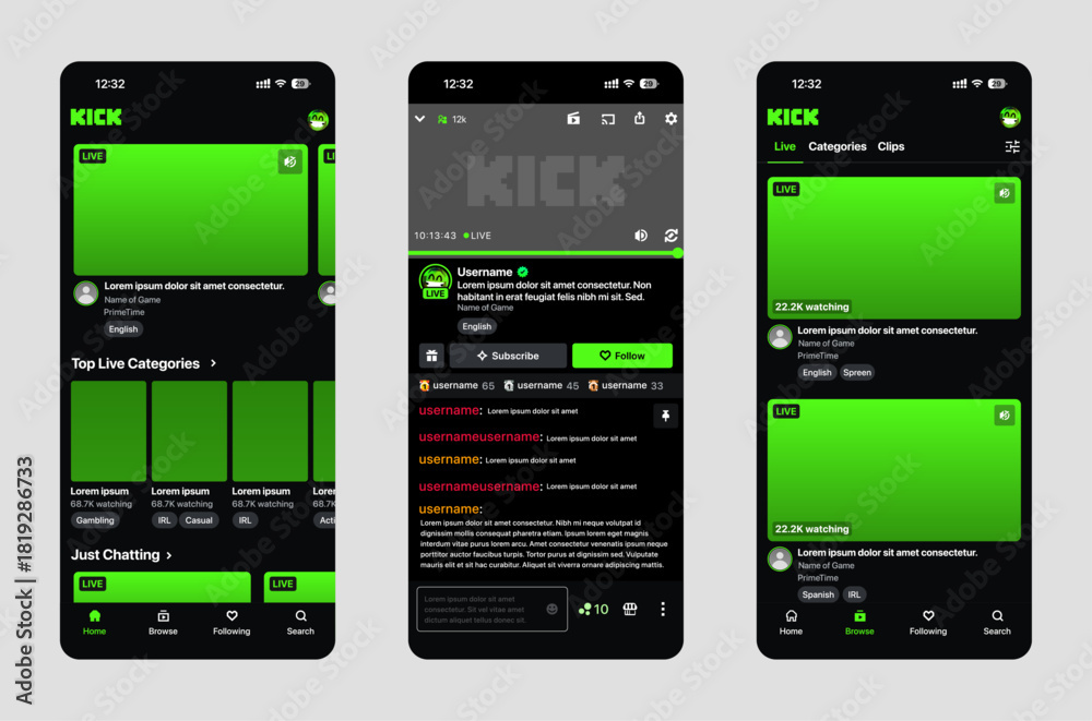 Kick live streaming app UI screen design update 2026 on light mode ...
