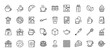 © PixeloAI - Coffee and tea icon set. Vector pictograms of takeaway cups, espresso machine, coffee grinder, beans, croissant, donut, pancakes, and teapot, thin linear illustration.