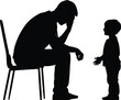 ©  BAKKOR - Parent and child silhouette, emotional interaction, seated adult posture, standing child gesture, black on white, support, stress, communication, empathy, family moment