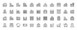 © PixeloAI - Architecture and city icon set. Vector pictograms of modern buildings, residential houses, shops, hotels, offices, restaurants, and a map pin, thin linear illustration.