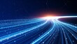 © Focus  - Futuristic blue data lines curving toward bright light on dark background with star-like nodes — high-speed tech concept.