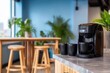 © share - Coffee machine and mugs on counter with blurred indoor seating area.