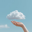 © Spice - Conceptual photo of a fluffy white cloud held by a human hand, pastel blue sky background, surreal minimalist photography
