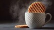 © Oleksandr - A warm waffle rests atop a patterned white mug, steam rising gently, promising a sweet and comforting treat. Another waffle sits nearby, inviting a moment of indulgence.