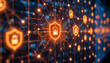 © Usama - Orange shields with padlocks connected by lines on a dark blue digital network background image