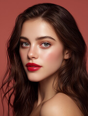  Woman wearing red lipstick and natural beauty makeup