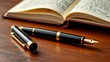 © IgorImageDoc - open book fountain pen resting top pen has black body gold accents gold colored nib book appears hardcover brown leather cover pages book filled text pen resting wooden surface taken slightly