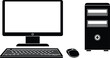 © Creative Crave - Desktop Computer Silhouette Vector Illustration, Full PC Setup with Monitor, CPU Tower, Keyboard, and Mouse Graphic, Technology and Office Equipment Icon, Isolated on White