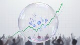 Rising stock chart inside an AI bubble above a crowd, capturing excitement and risk around the current artificial intelligence market boom