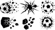 © DesignVectX - Soccer ball impact crash explosion vector illustration with shattered ground fragments and debris in black and white