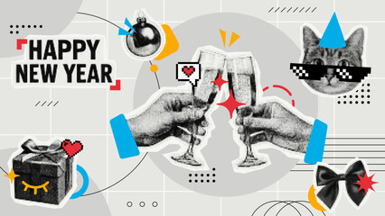 Naklejka na meble Happy New Year collage art with hands cheering champagne glasses, cool cat in party hat, gift, and holiday elements for greeting card or banner.
