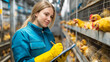 © Hype2Art - Poultry worker inspects chickens in cage system at a poultry farm. She records observations on a clipboard with a focused, professional mood.