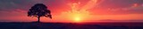 A lone tree stands silhouetted against a vibrant sunset, isolated on a vast, empty plain The peaceful scene evokes feelings of solitude and the beauty of nature's simplicity , peaceful, leaves